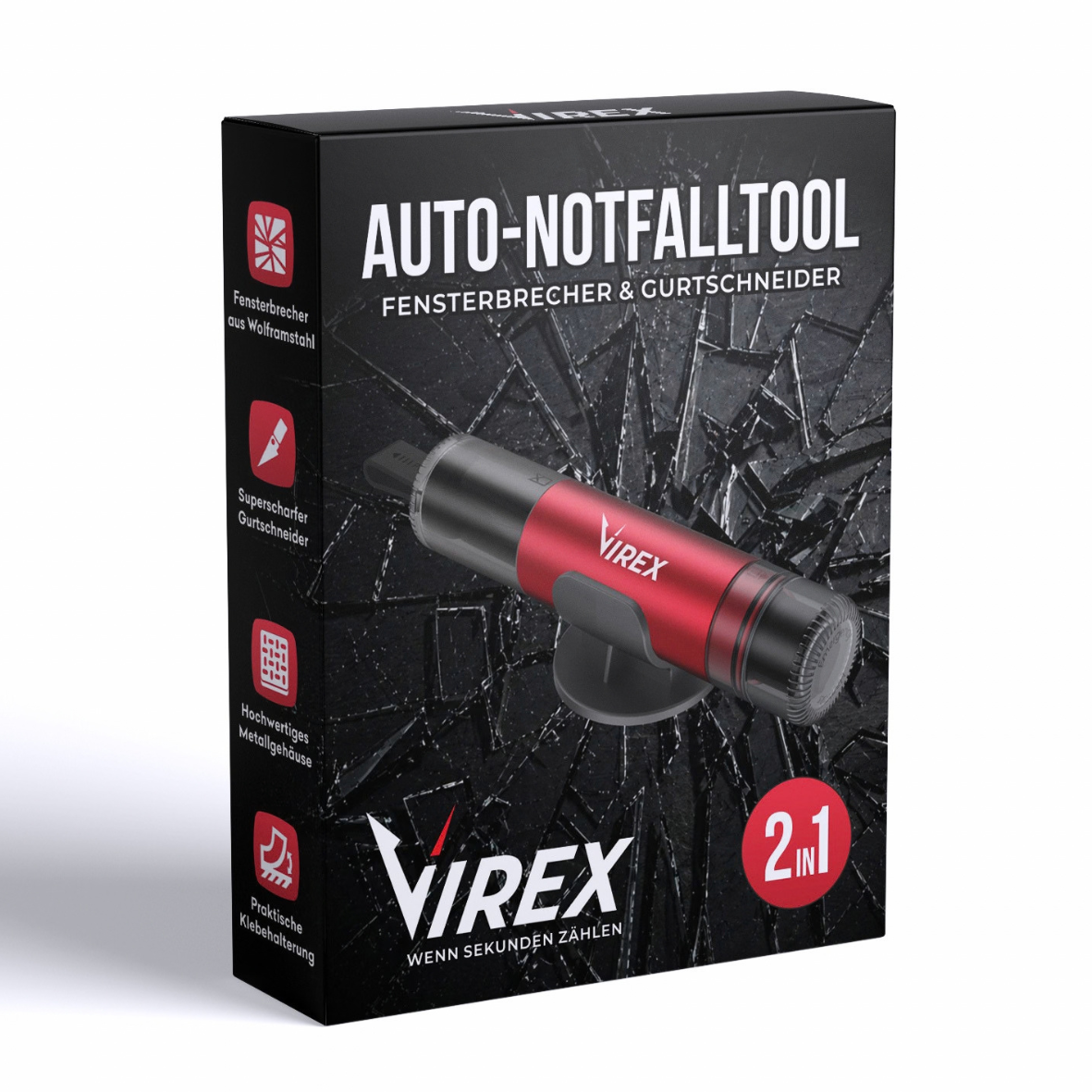 Strumento di emergenza per auto 2-in-1 frangivetro e tagliacinture VIREX™
