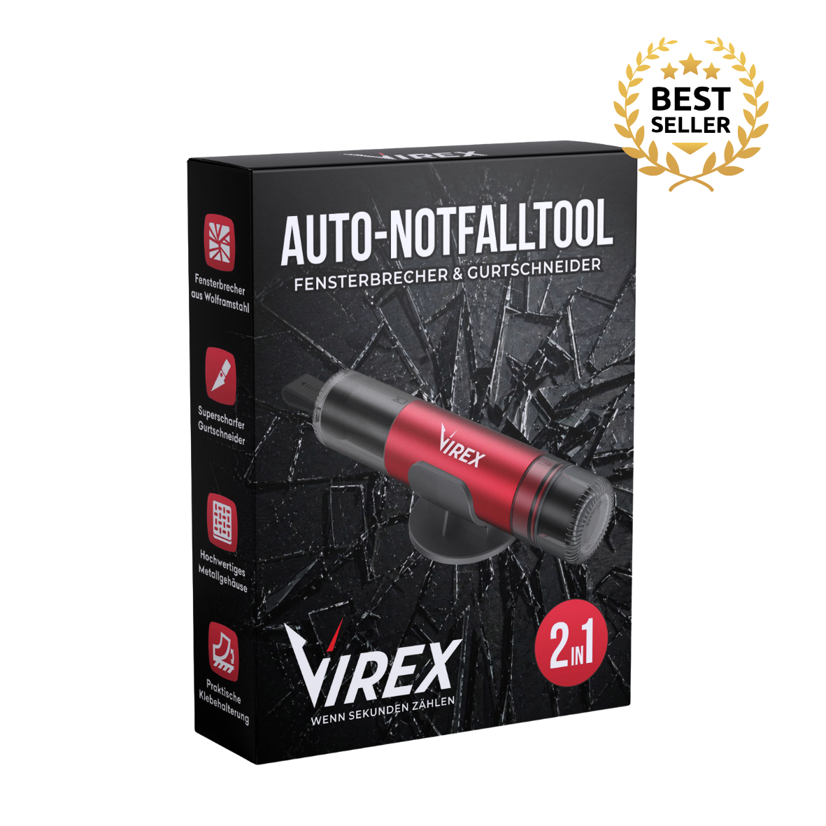 Strumento di emergenza per auto 2-in-1 frangivetro e tagliacinture VIREX™