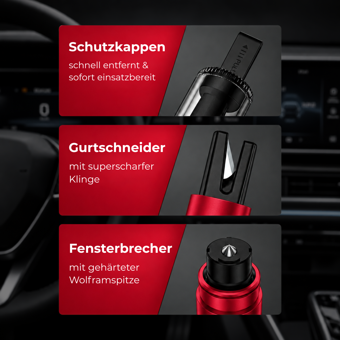 Strumento di emergenza per auto 2-in-1 frangivetro e tagliacinture VIREX™