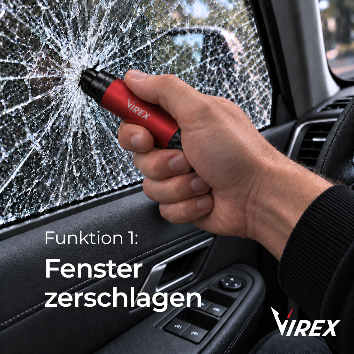 Strumento di emergenza per auto 2-in-1 frangivetro e tagliacinture VIREX™