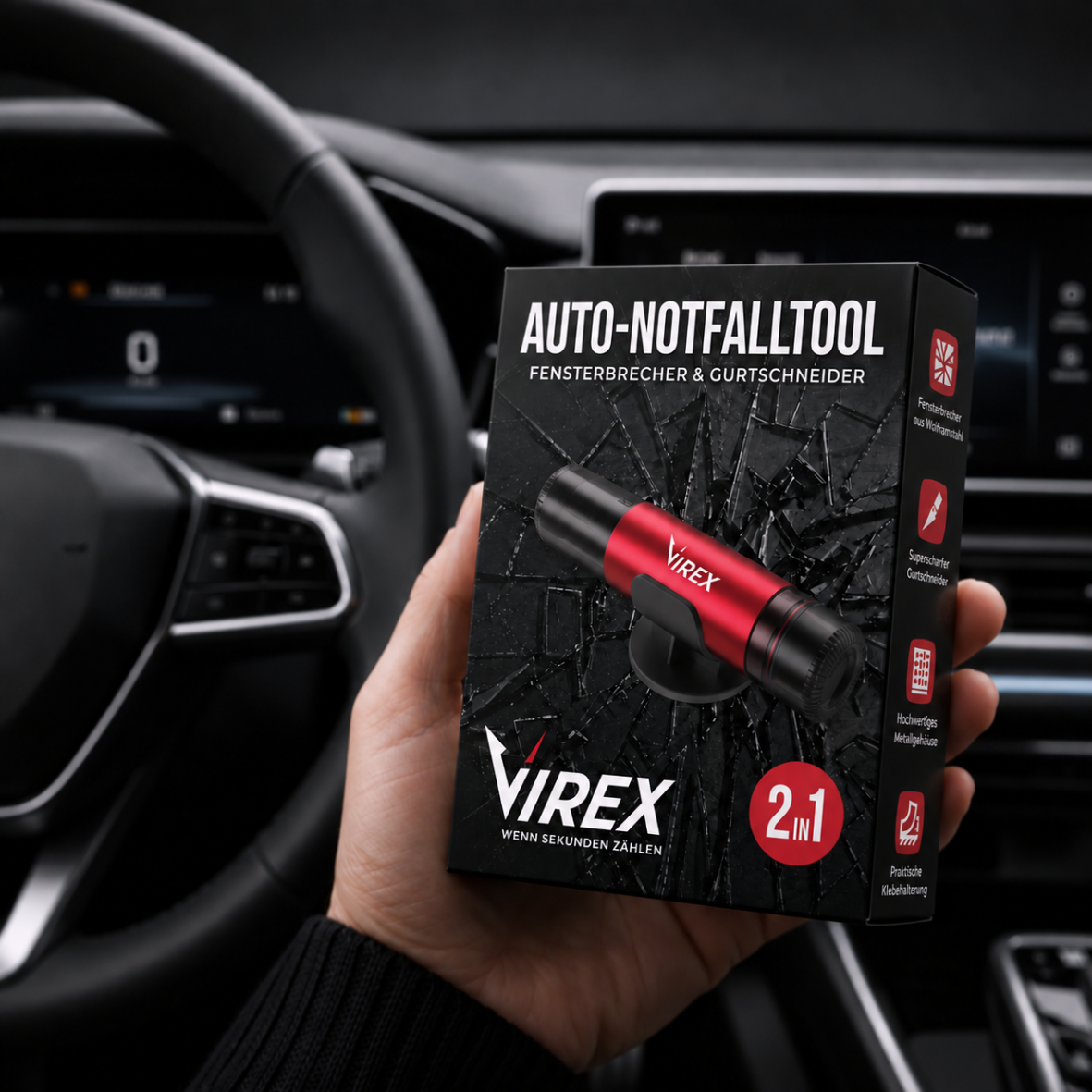 Strumento di emergenza per auto 2-in-1 frangivetro e tagliacinture VIREX™