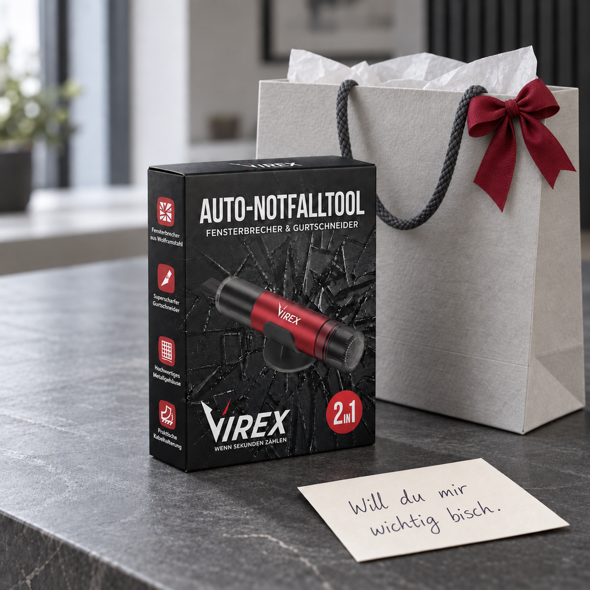 Strumento di emergenza per auto 2-in-1 frangivetro e tagliacinture VIREX™
